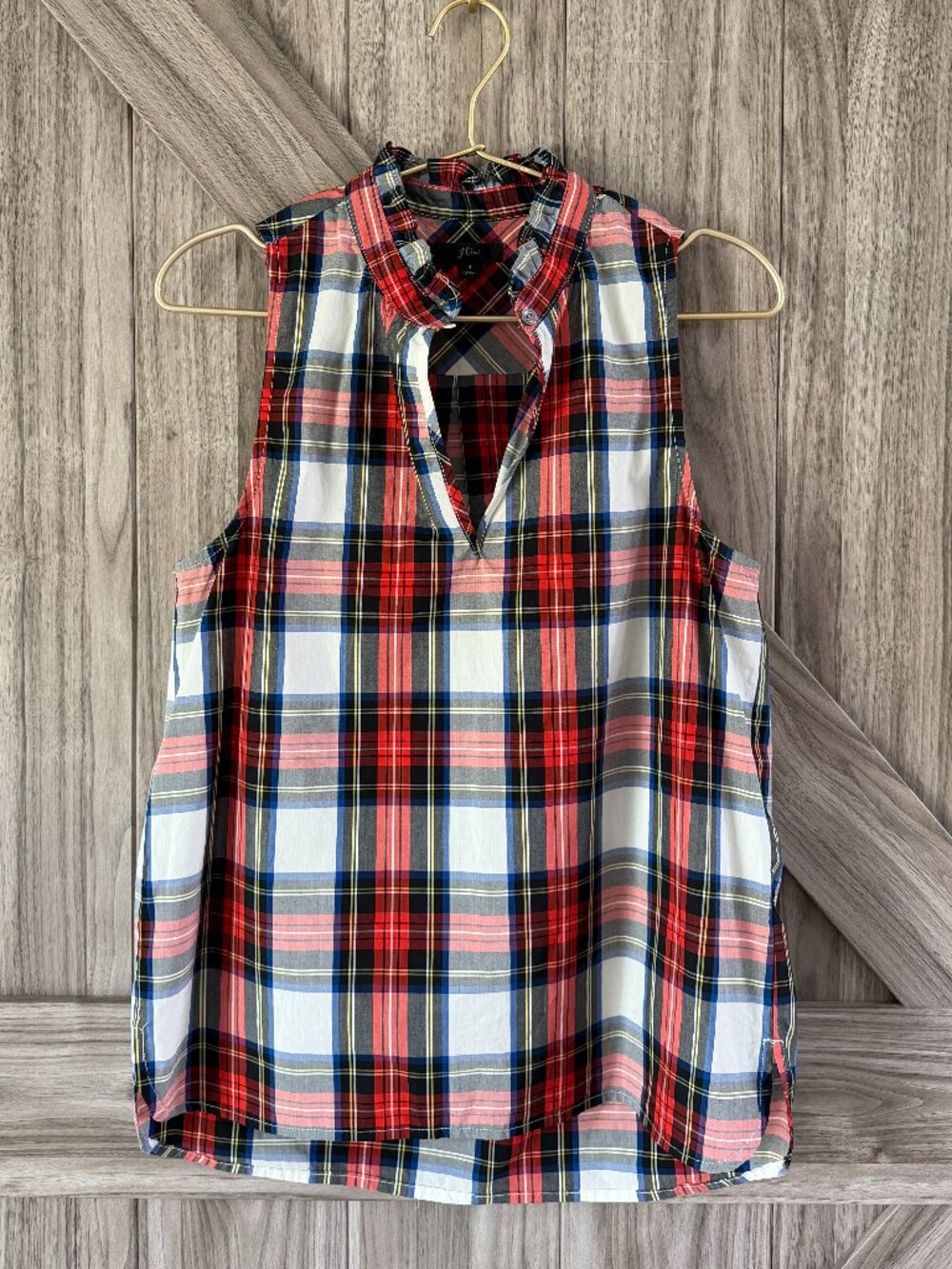 J.Crew Sleeveless Plaid Ruffle-Collar Top